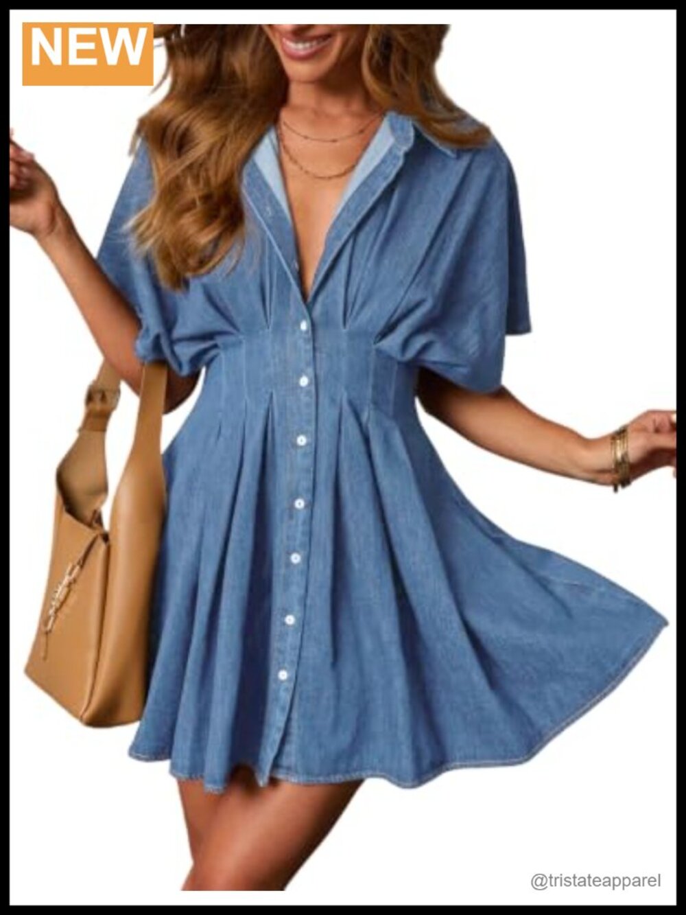 Women Summer Denim Dress Casual Button Down A-Line Mini Jean Dress